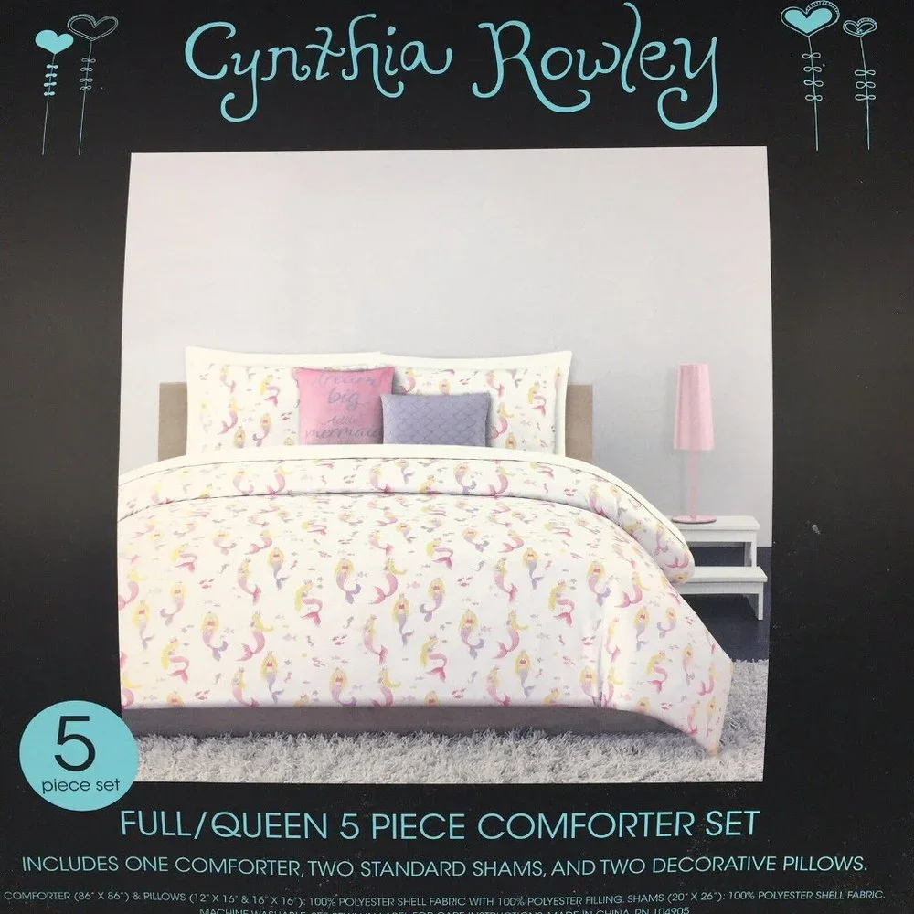 5pc Cynthia Rowley Mermaid FULL QUEEN Comforter Pillow Set Ocean Turtle Seahorse